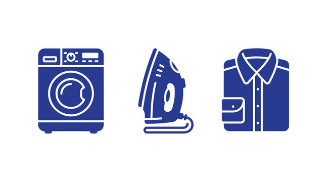 Home laundry and garment care icons featuring washing machine clothes iron and folded shirt cleaning appliance household clothing domestic equipment illustration