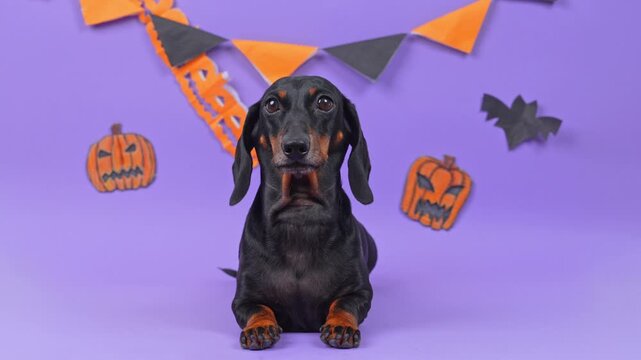 A black and tan dachshund dog rests on its front paws beneath a triangle garland with paper jack o lantern cutouts and a bat on purple, a calm take on autumn seasonal retail promotion.