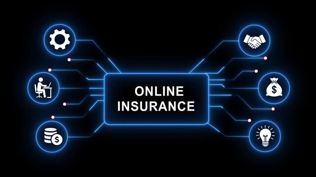 Digital online insurance concept infographic featuring animated glowing network connections, financial protection business growth symbols, and modern cyber security technology for corporate use