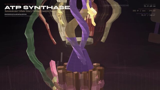 Educational animation of an ATP synthase nanomolecular cellular rotary turbine showing the catalytic folding complex and bioenergetic process of cellular respiration and energy production