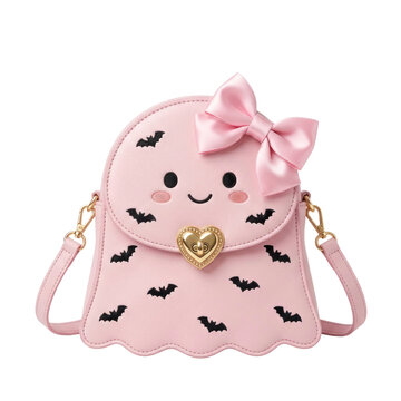 Cute Kawaii Halloween Fashion: Pink Ghost Crossbody Bag with Bats and Bow in Cartoon Style