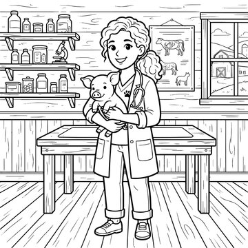 Coloring page of veterinarian holding a piglet in a clinic