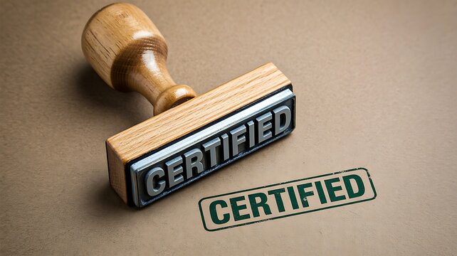 Certified rubber stamp with certification mark on a neutral background