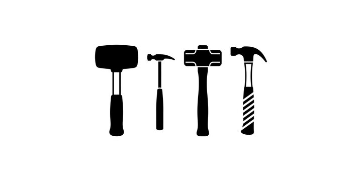 Set of four industrial hammer silhouettes for hardware tool kits and construction professional equipment graphic.