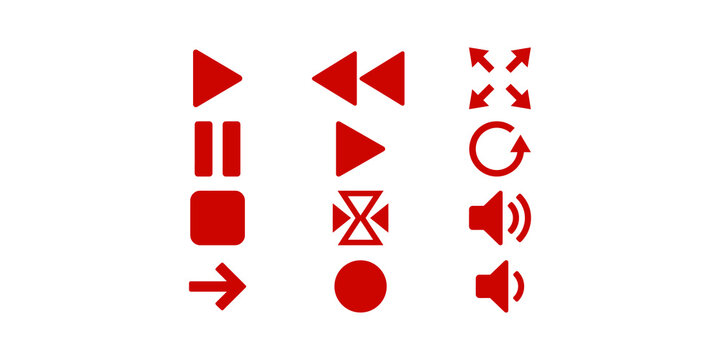 Media control button set with red symbols for player interface playback navigation and digital screen interaction.