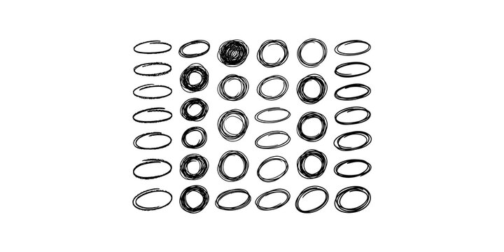 Set of black hand drawn scribbled circles and ovals for design highlights or text emphasis on transparent canvas.