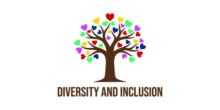 Diversity and inclusion logo featuring colorful heart leaves on tree branches for social equality awareness programs.
