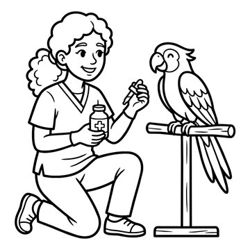 Veterinarian giving medicine to parrot coloring page vector