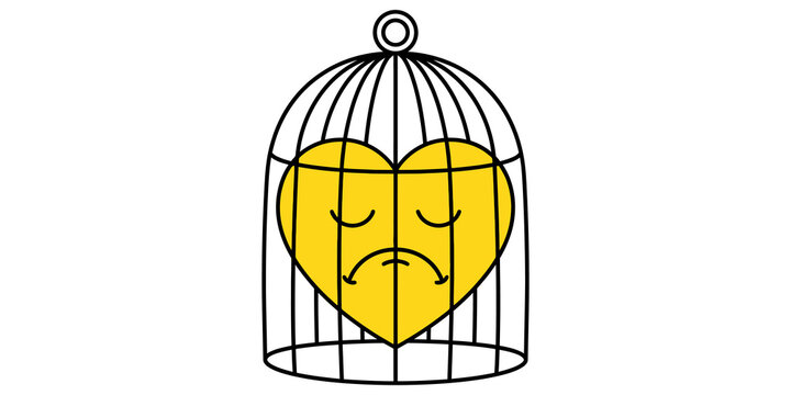 Sad yellow heart trapped inside metal bird cage icon vector illustration for expressing emotional restriction feelings.