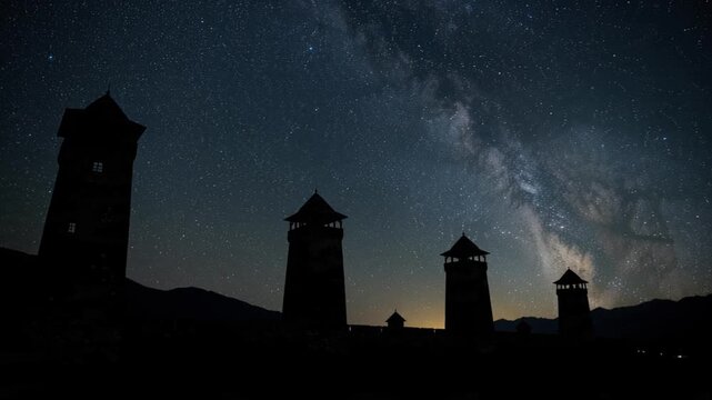 Milky way stars over ushguli winter village svan towers silhouette