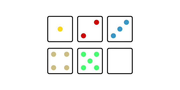 Six game dice showing numbers one to six with varied colorful dots in black outline square frames vector board game.