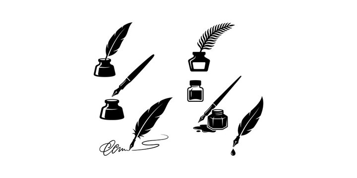 Vintage calligraphy quill pens and ink wells collection featuring black ink bottles for professional writing design.