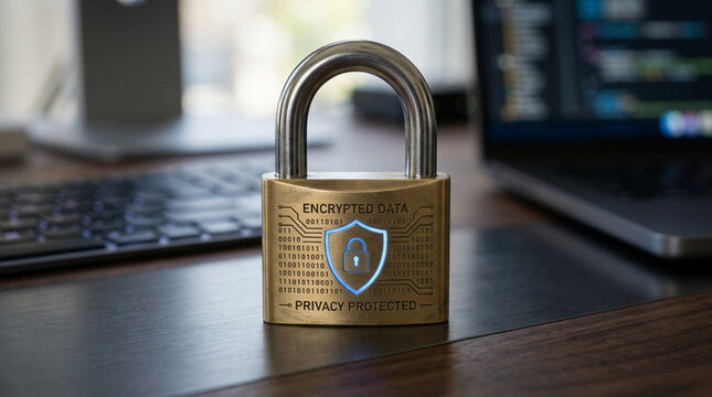 Brass padlock with encrypted data shield icon resting on a desk for cybersecurity concepts and professional network protection software