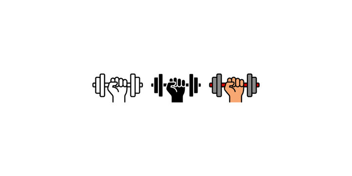 Three stylized weightlifting hand icons holding a barbell for strength training and fitness branding and gym designs.