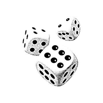 Three white dice showing various numbers against a plain background with gambling boardgame entertainment recreation strategy decision illustration monochrome isolated creative luckiness