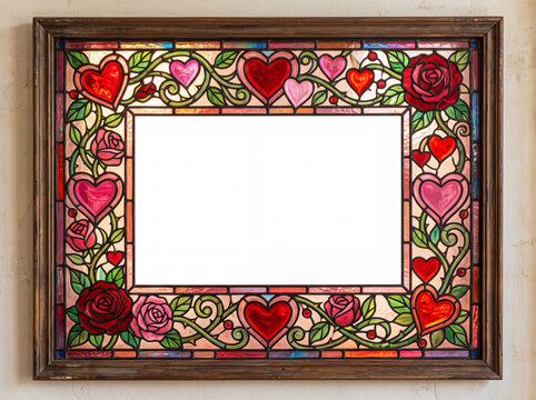 Wood framed stained glass Valentine border with hearts and roses
