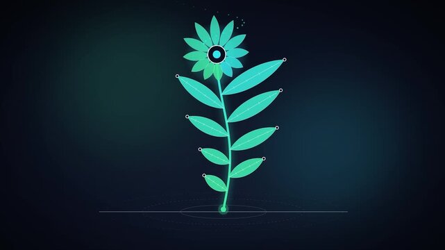 Data Bloom Plant Growth Chart Animation with Glowing Teal Nodes on Dark Navy Background
