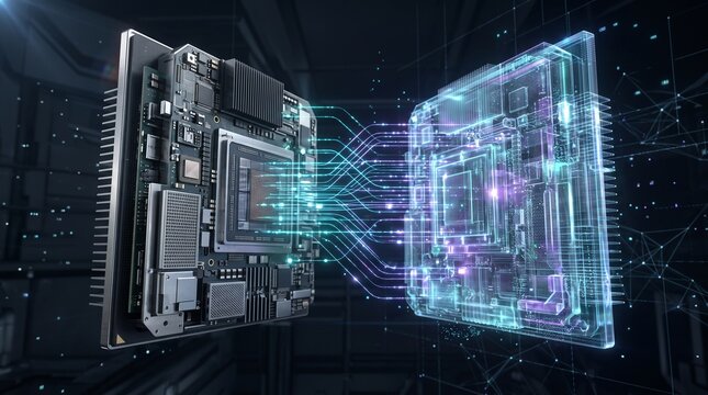 Computer processor and digital twin visualization showcase complex circuitry and data flow chip microchip semiconductor digitaltwin