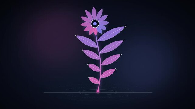 Pink and Purple Flower Growing and Blossoming with Glowing Leaves on Dark Night Background