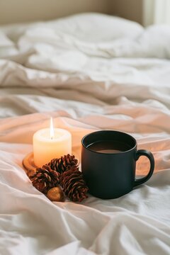 Mug of hot drink with candle and pine cones on bed