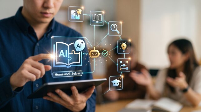 Japanese university student using AI holographic homework interface for efficient problem solving and learning support