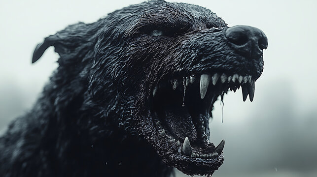 Close-up of a cerberus head, its three snarling faces captured in sharp detail against a stark white backdrop under professional studio lighting, emphasizing its fearsome nature 