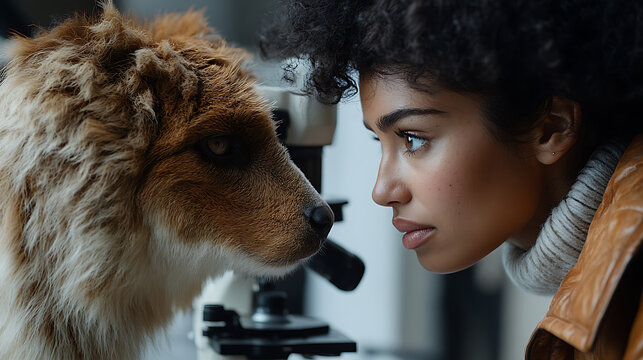 A researcher examining a sample of chimera fur, its diverse textures sharply defined against a white background under a microscope 