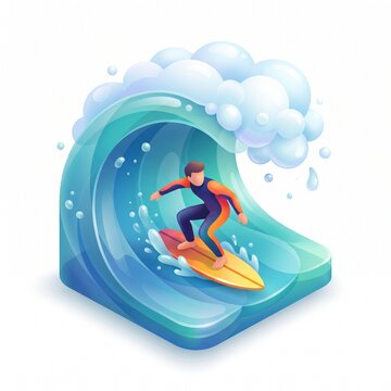 Surfer Riding a Wave in a Stylized Ocean Scene