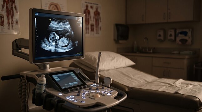 a high-resolution medical monitor displays a detailed 2D grayscale ultrasound in an examination room