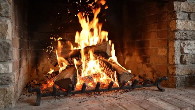 View of a burning fireplace with logs in a stone hearth during the