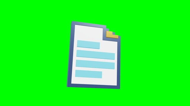 Pixelated paper document icon revolving smoothly chroma key green background with blocky retro textures for corporate office management