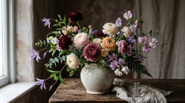 5. Elegant Ranunculus, Clematis, and Sweet Peas floral arrangement in a vintage ceramic vase, shot on Sony A7 IV, 50mm lens, f/2.0, soft diffused side light, moody fine art floral tone --ar 4:5