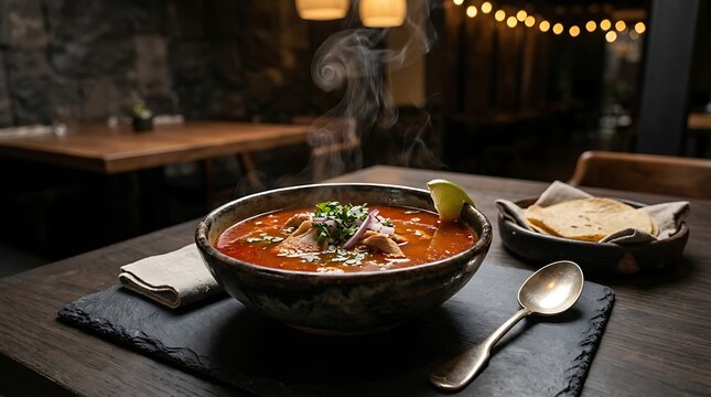 Traditional Guatemalan Kak ik turkey soup served in a rustic bowl