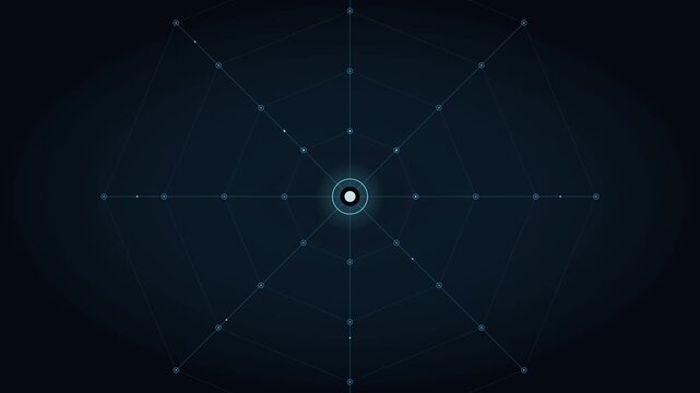 Abstract futuristic digital network arranged around a central data hub with expanding circular scanning waves activating connected glowing nodes and s.