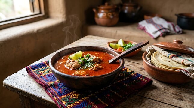 Traditional guatemalan kak ik turkey soup served in clay bowl
