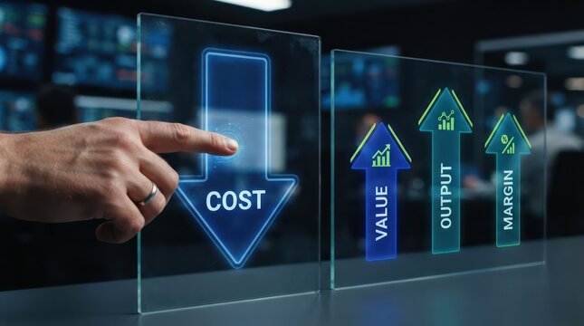 Glass screen showing cost reduction with value output and margin increase arrows