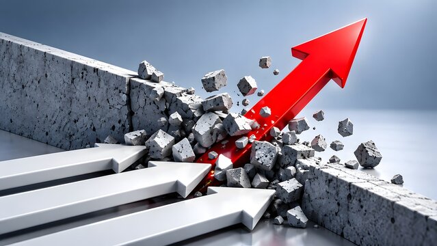 Dynamic red arrow shattering a concrete wall symbolizing aggressive market breakthrough and overcoming corporate obstacles