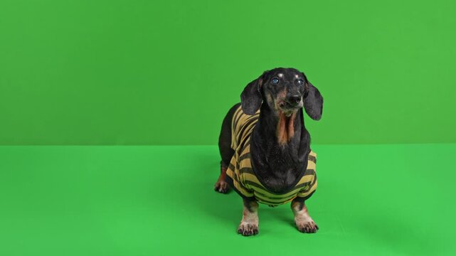 A black and tan dachshund dog in a yellow striped sweater raises its head and barks in a studio against a green screen, a concept of loud communication with copy space.