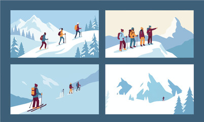 Fototapeta premium Winter mountain adventures hikers and skiers enjoying snowy peaks and scenic landscapes in a cold season expedition