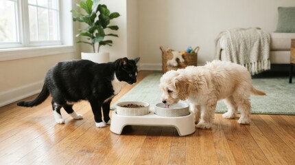 Naklejka na ściany i meble Black cat and puppy eating from bowls together at home