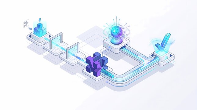 Isometric vector banner depicting data blocks traveling through inspection gates and an AI processing node toward a blue checkmark verification platform.