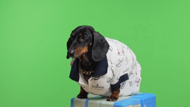 A black and tan dachshund dog in a white shirt with paper boat print and a navy collar sits on a blue painted box in a studio, glancing around, with a gold chain and copy space on a replaceable.