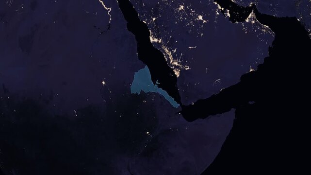 Eritrea night globe. City lights, zoom, spin, outline glow, pullback, ring reveal for Eritrea. Elements of the animation furnished by NASA.