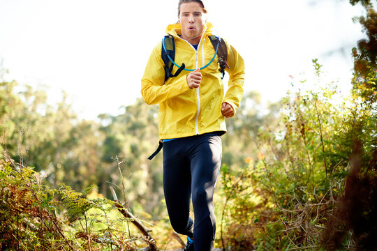 Man, fitness and running in forest for workout, exercise or cardio training in outdoor nature. Active, male person or runner with backpack or bag in woods for sport, health and wellness in wilderness