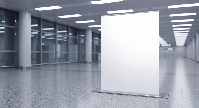 Blank White Rollup Banner Stand in Airport Terminal