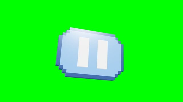 Voxel pause button revolving green screen with retro 8-bit for digital media marketing