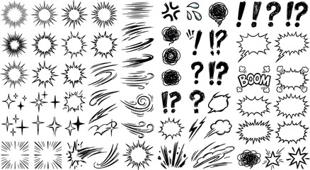 Comic book elements vector set, manga speech bubbles and motion lines, hand drawn anime emotion symbols and accents © SiyamolHasan