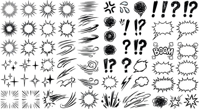 Comic book elements vector set, manga speech bubbles and motion lines, hand drawn anime emotion symbols and accents
