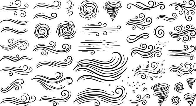 Doodle wind gust lines vector collection, hand drawn swirl breeze motion symbols, tornado storm wind blow line art set for graphic design