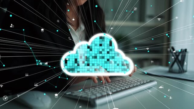 A modern digital cloud computing concept showing hands on a keyboard with various information symbols, representing data flow and connectivity in a business environment. Xenic